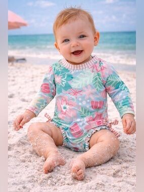 Ruffle Butts Floral Long-Sleeve Swim One-Piece - Pink & Teal